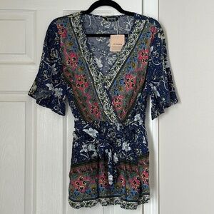 Brand New Women's Bloomchic Faux Wrap Babydoll Floral Paisley Blue Red Size 12